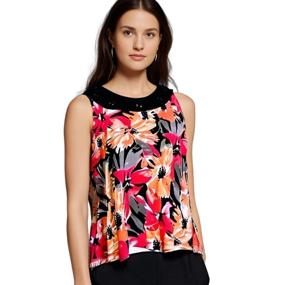 Laura Ashley Tank Top Shirt Sleeveless 2X Pink Orange Black Floral SLINKY Beaded - Picture 1 of 7